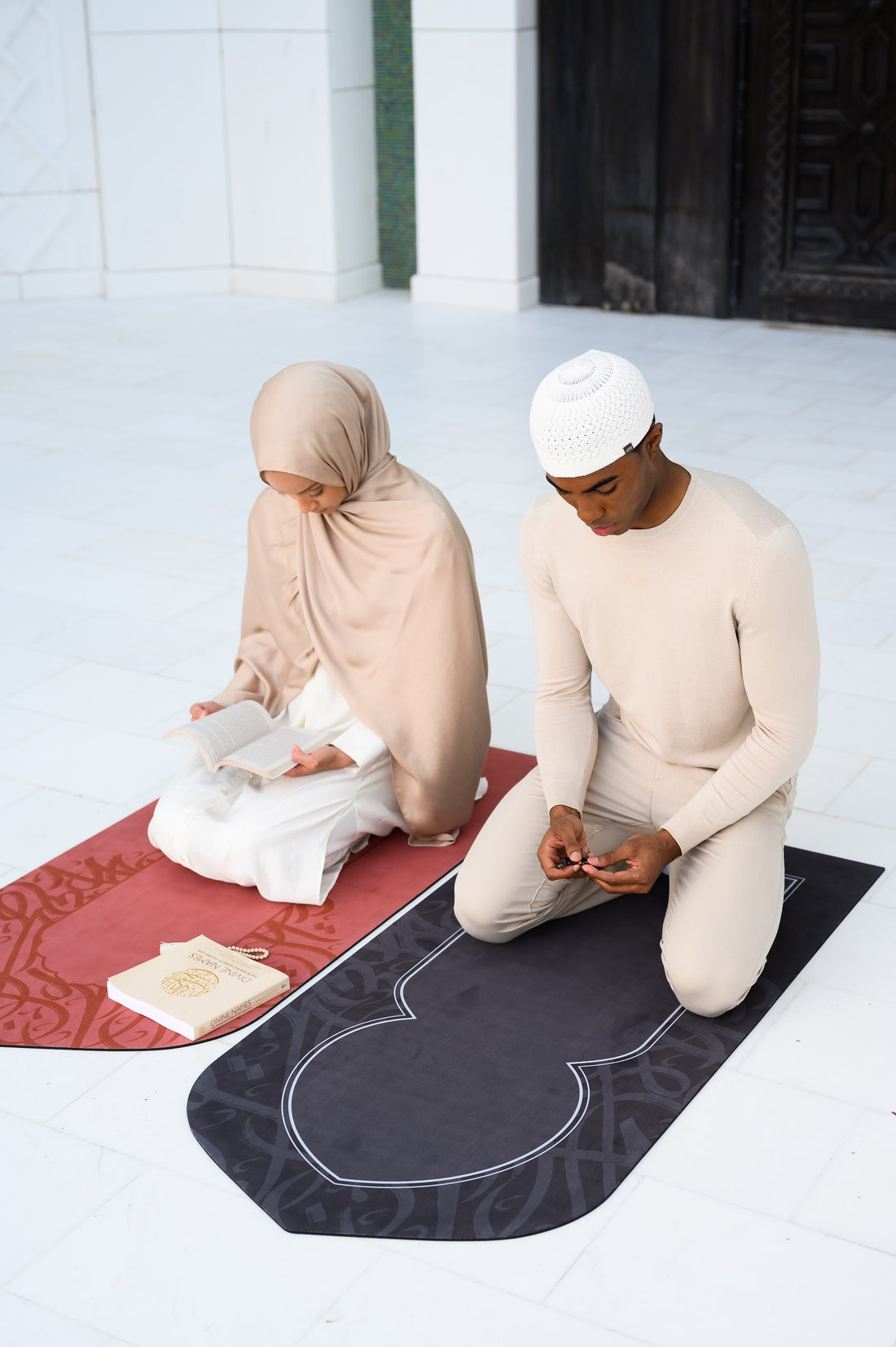 The Prayer Mat — side by side in prayer, Clay and Obsidian