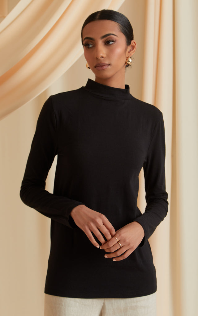 High Neck Long Sleeve Top in Black