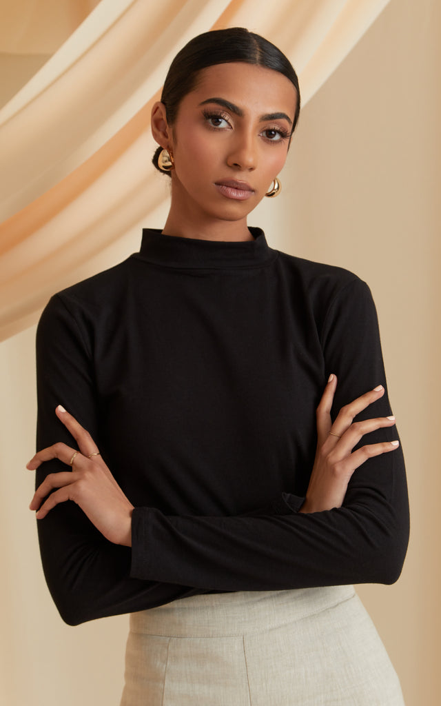 High Neck Long Sleeve Top in Black