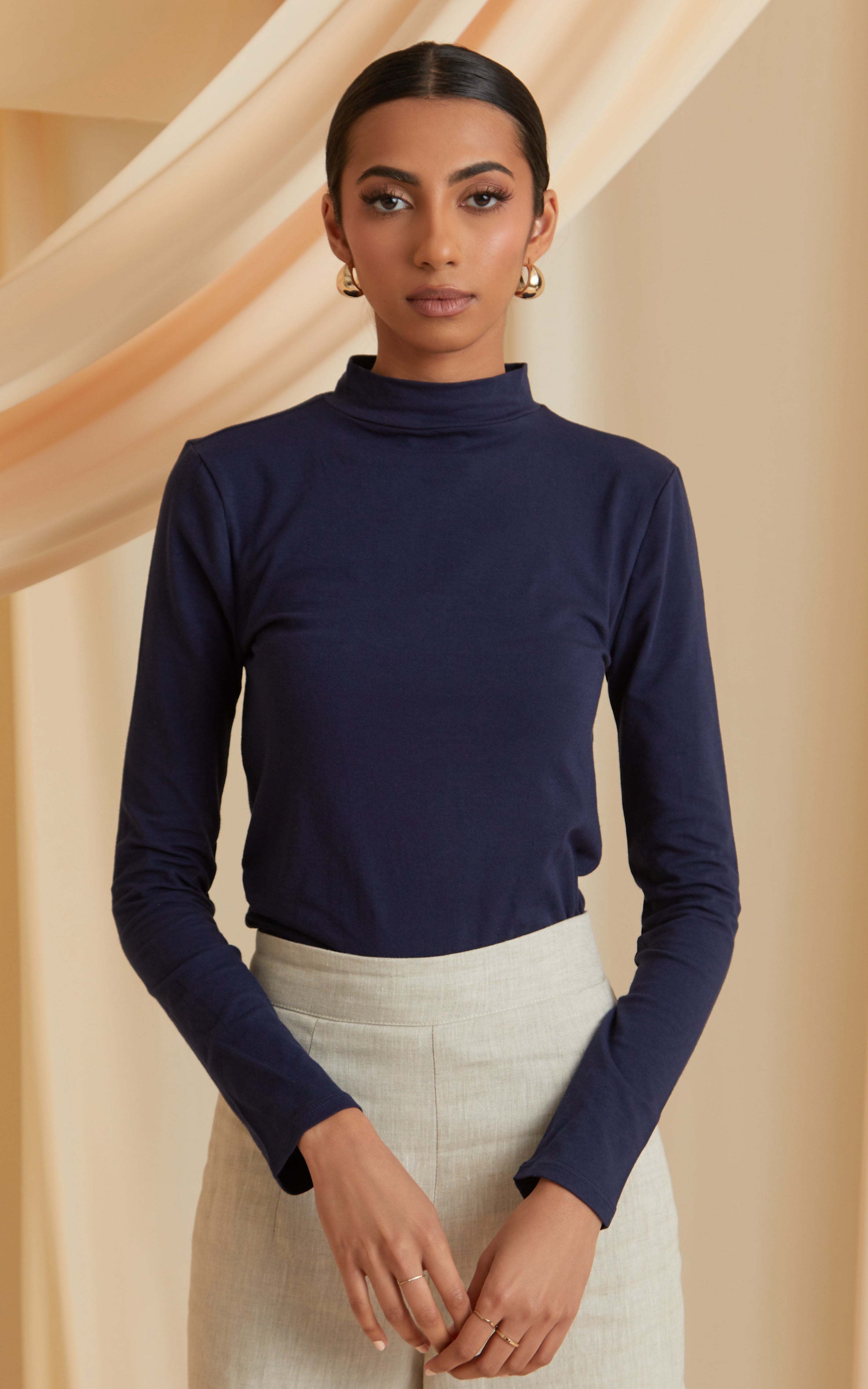 Navy blue roll neck top best sale