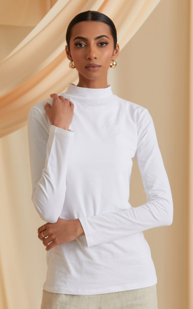 High Neck Long Sleeve Top in White
