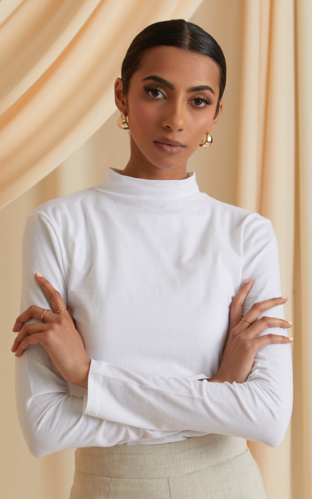 High Neck Long Sleeve Top in White
